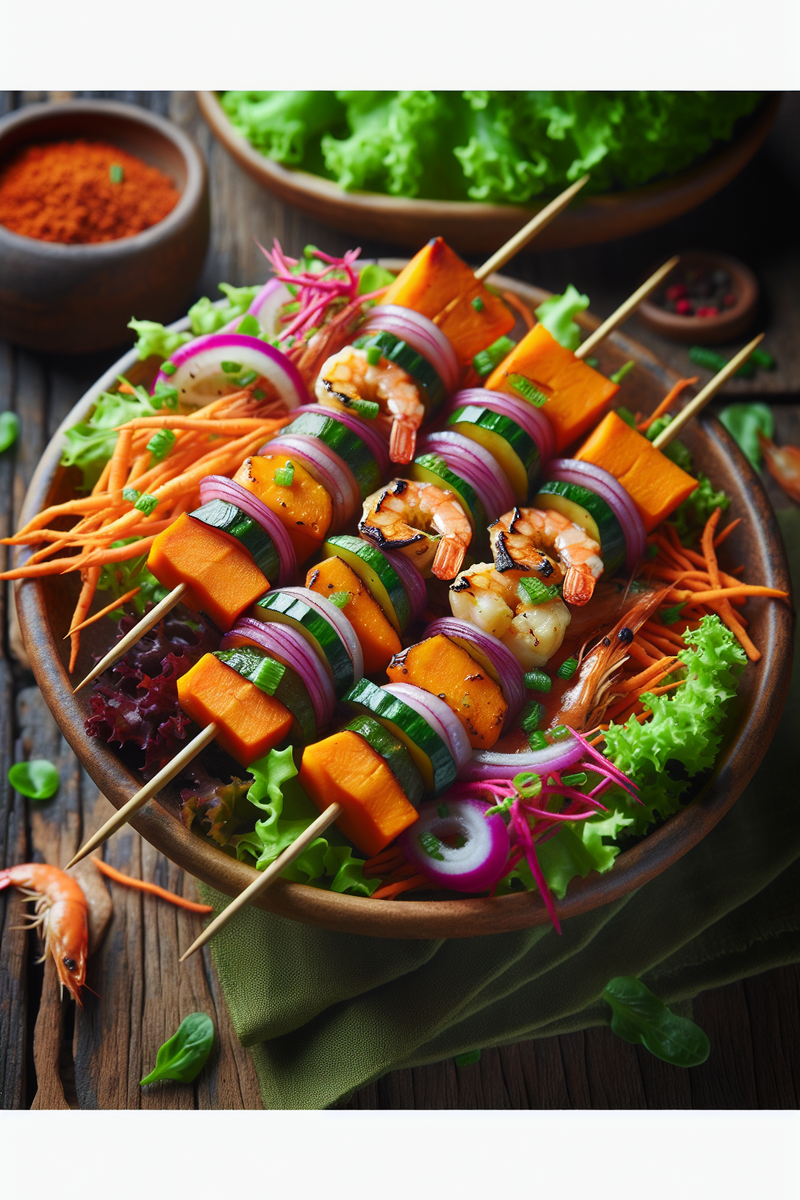 Brochettes de patates douces et de crevettes grillées