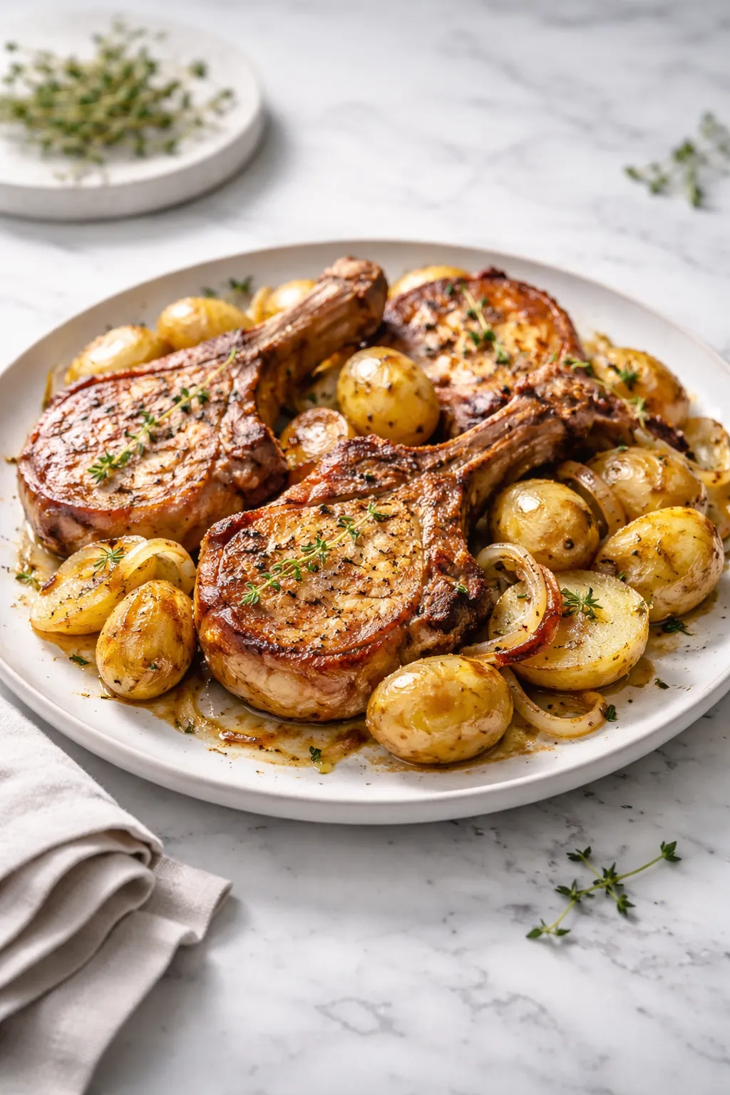 Côte de porc au four avec pommes de terre et oignons