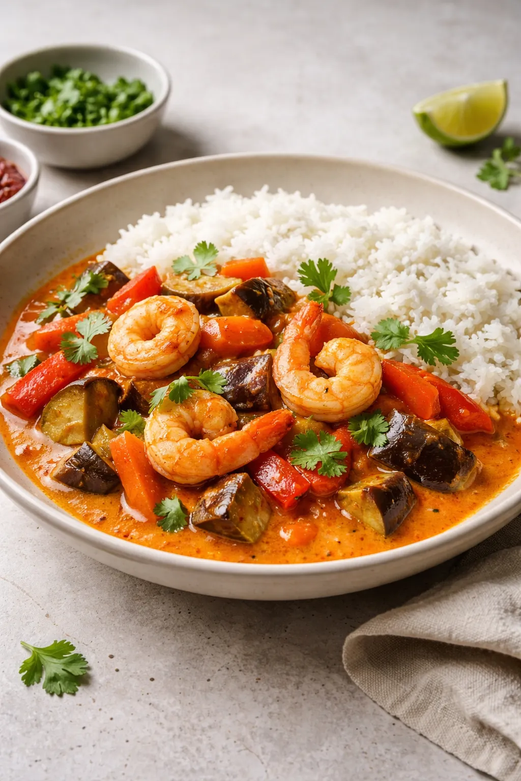 Curry rouge de crevettes et légumes