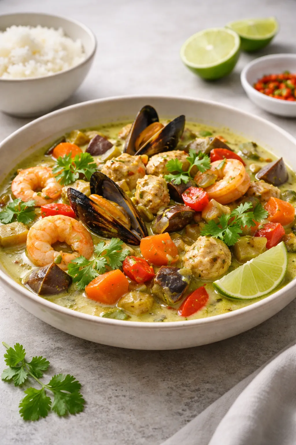 Curry vert de fruits de mer et de légumes