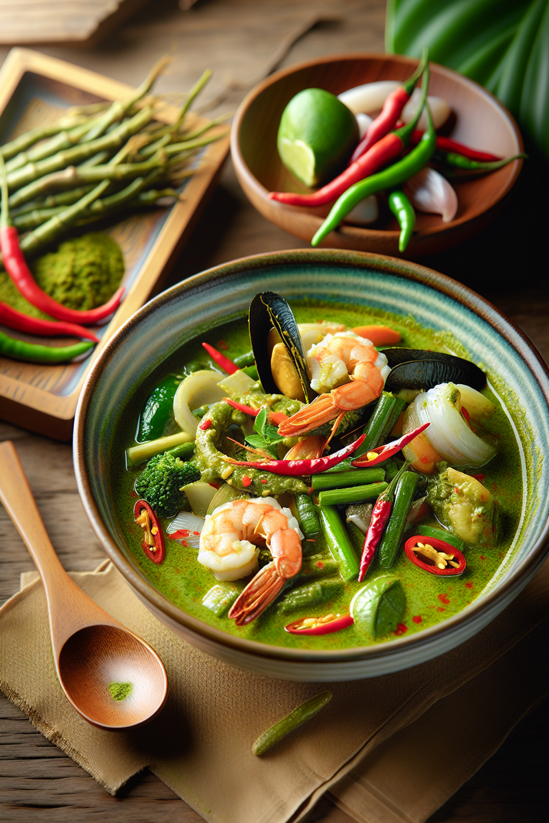 Curry vert de fruits de mer et de légumes