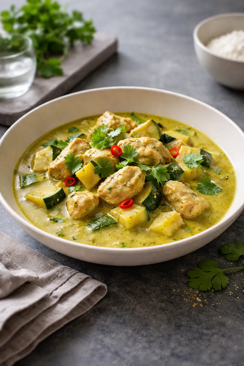 Curry vert de poulet et de courgettes