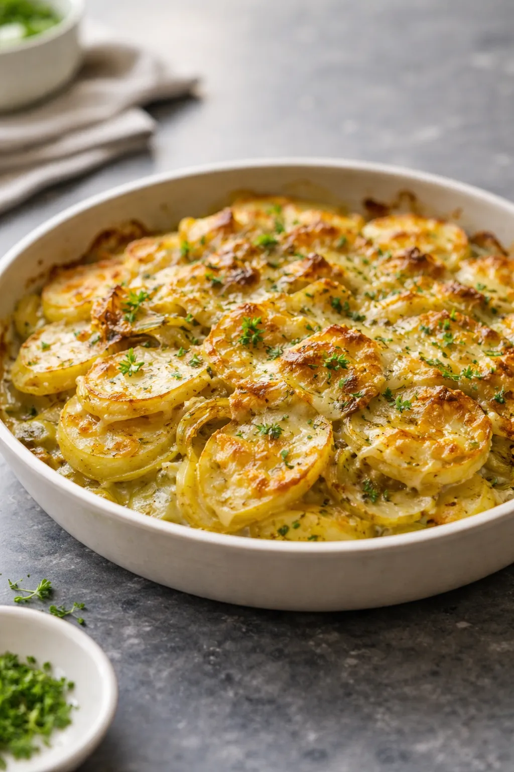 Gratin de pommes de terre aux poireaux et oignons