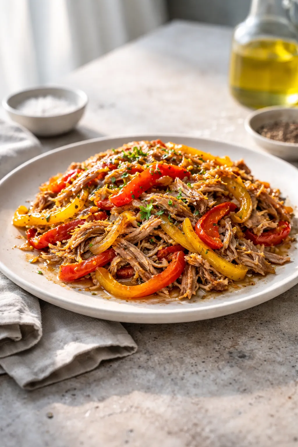 Porc effiloché aux poivrons et oignons