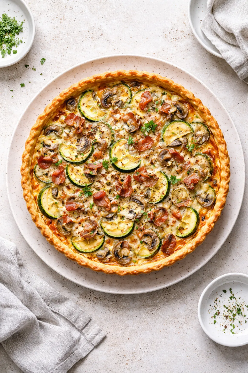 Quiche aux courgettes, champignons de Paris et lardons