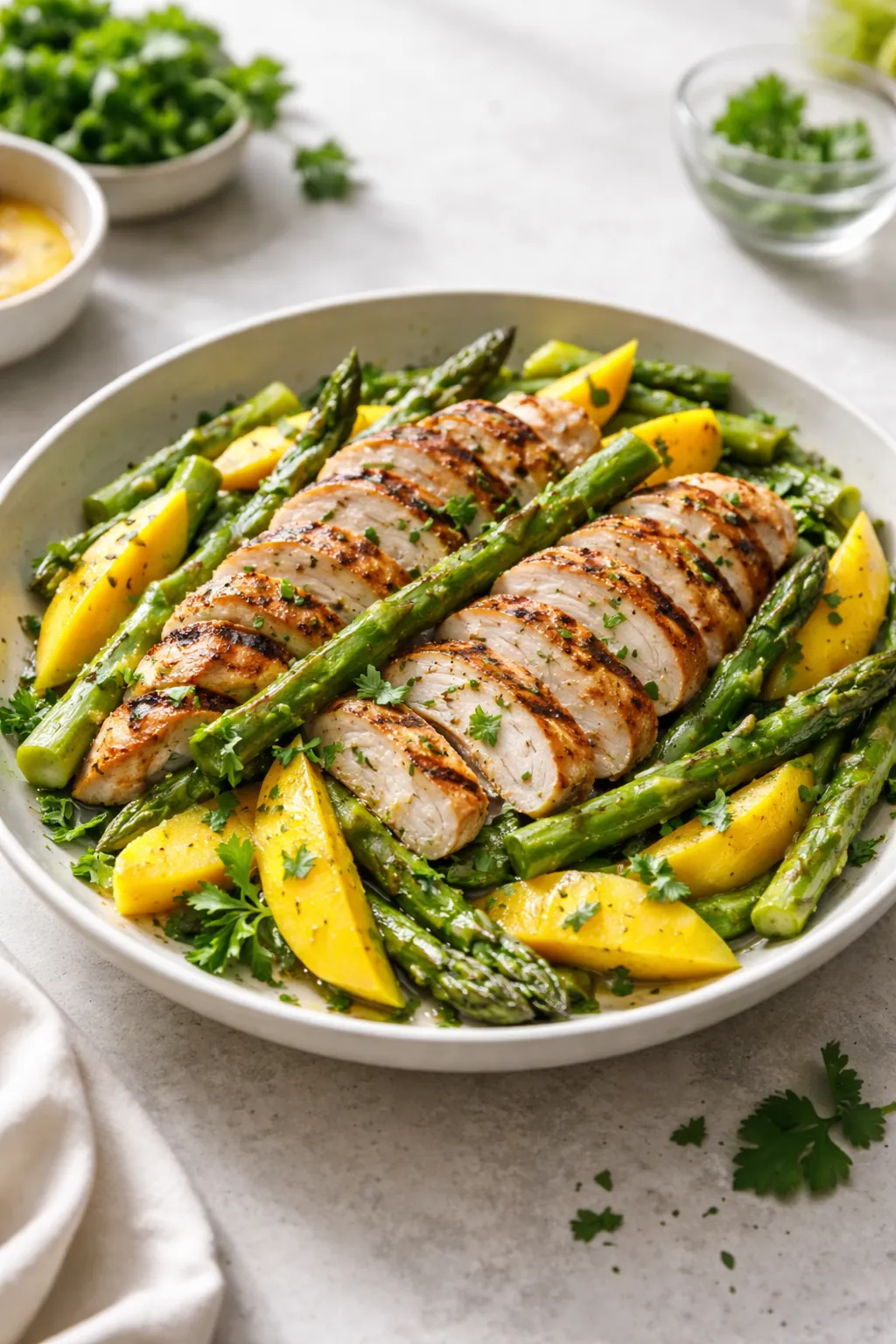 Salade d'asperges, de poulet et de mangue
