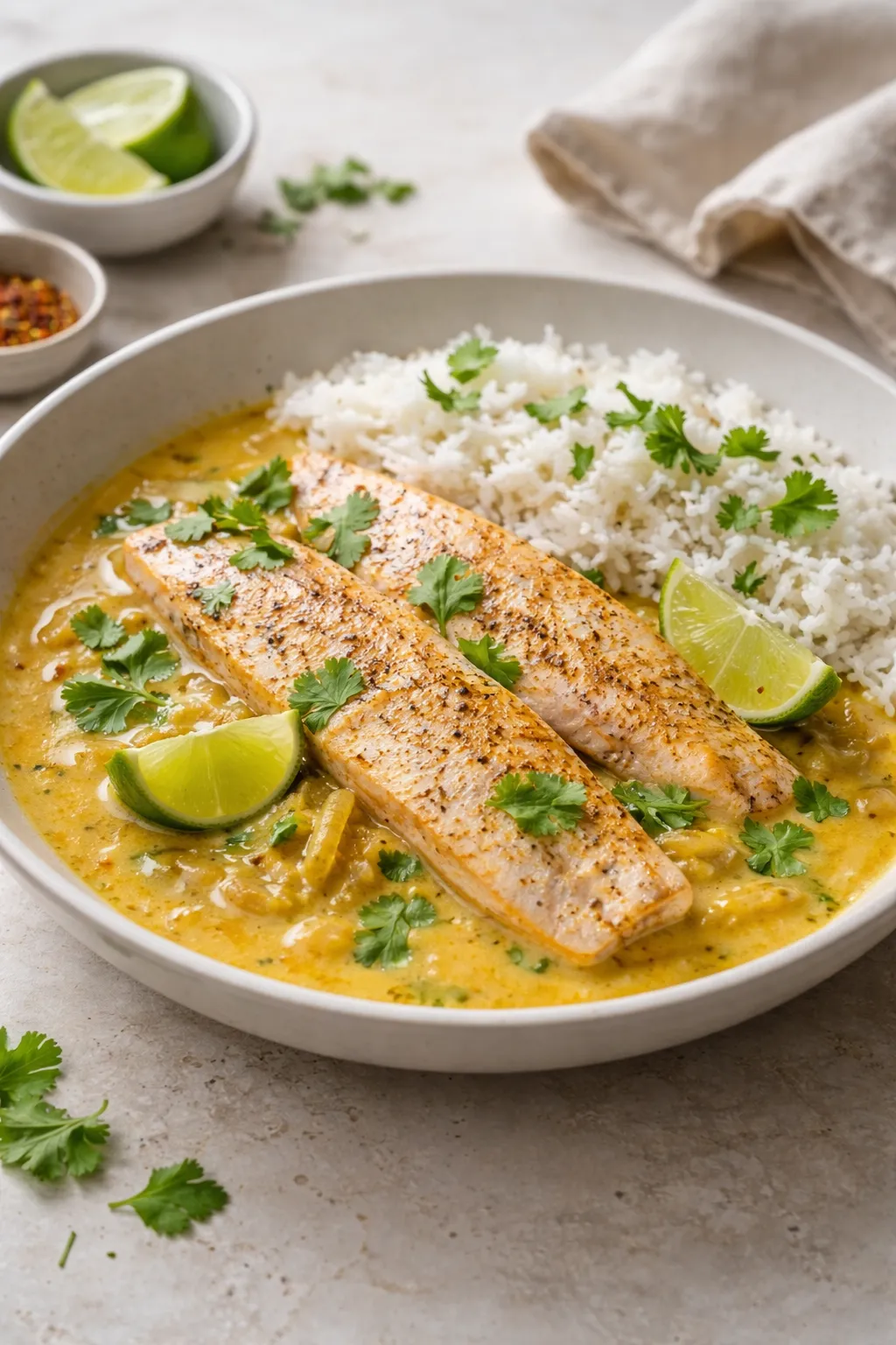 Truite pochée au lait de coco et au curry